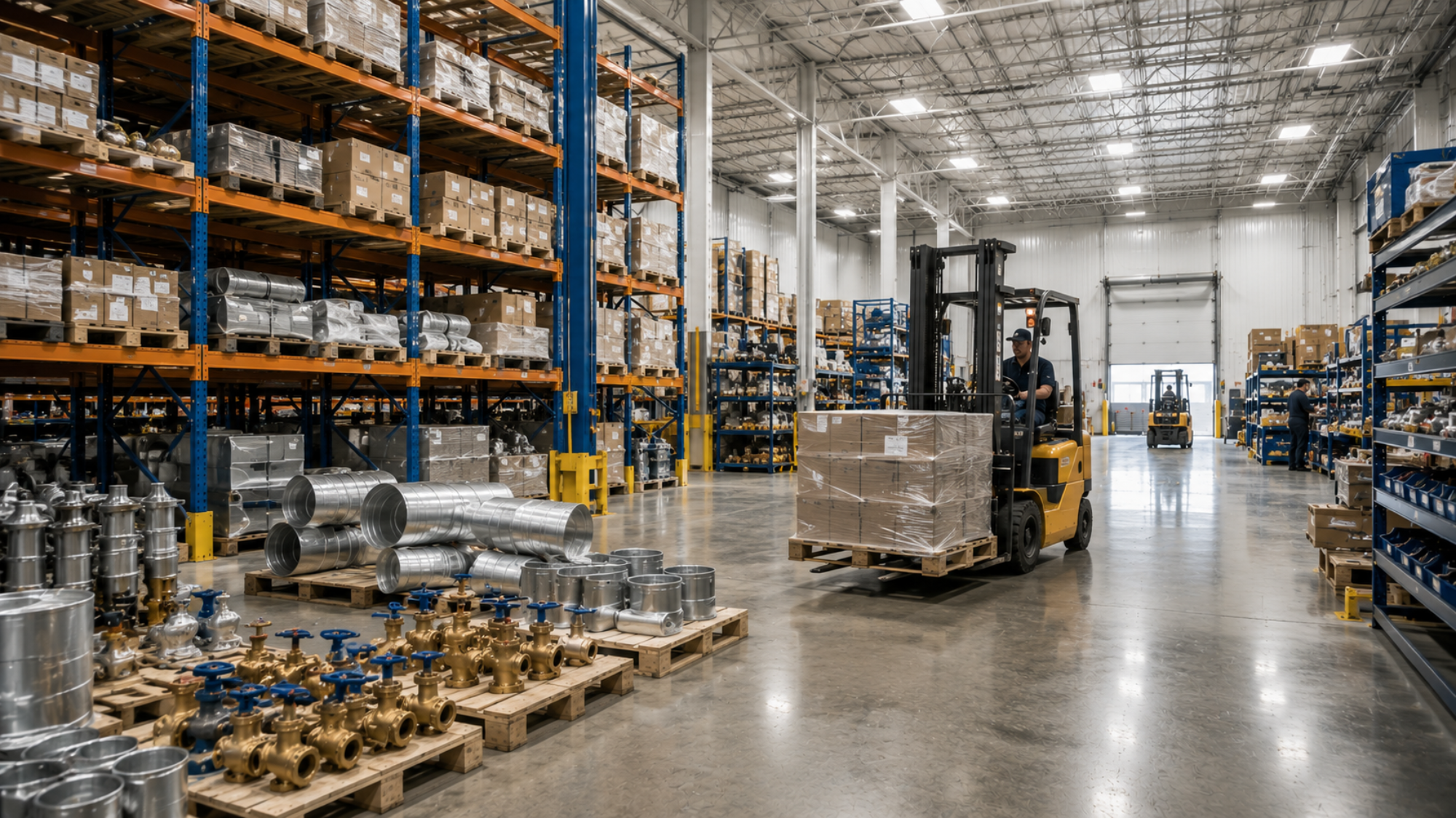 Busy warehouse with moving forklifts.