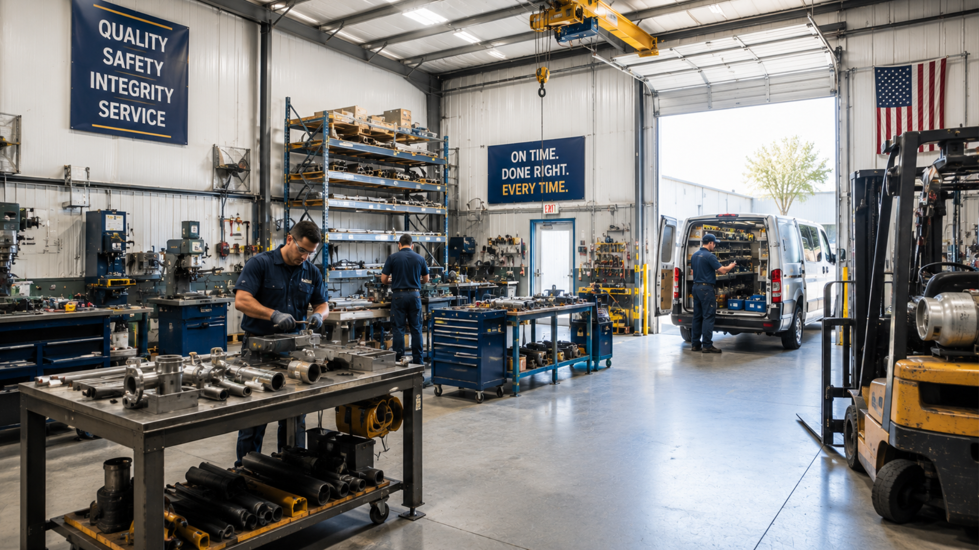 Industrial workshop with working mechanics.